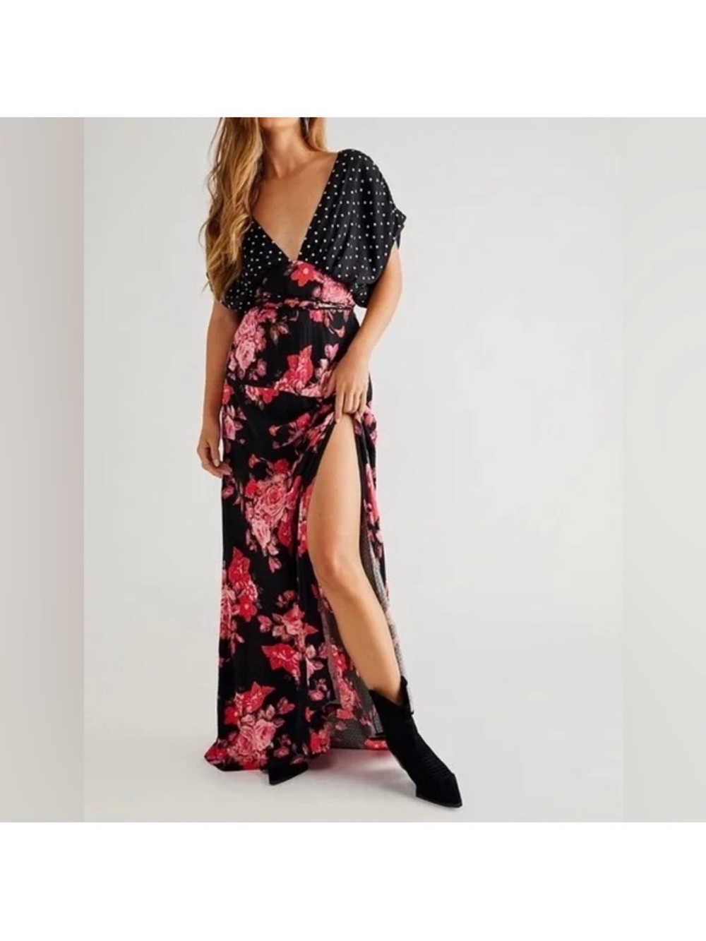 Free People Juniper Maxi Dress with Pink Floral and Polka Dot Prints